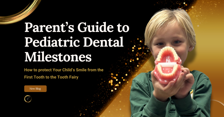Smiling child holding a dental model of a mouth with teeth, promoting early pediatric dental care, baby tooth education, and healthy smile habits at Restore Modern Dentistry in Bentonville, Arkansas