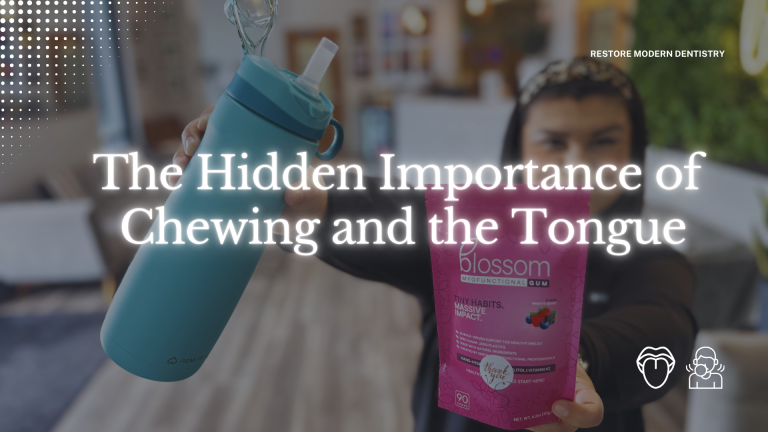 Smiling team member at Restore Modern Dentistry holding a REMplenish MYO-Nozzle water bottle and Blossom Myofunctional Chewing Gum to promote healthy tongue function, chewing habits, and airway-focused oral development.