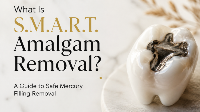 Illustration of a tooth with a silver amalgam filling representing S.M.A.R.T. amalgam removal and safe mercury filling removal.